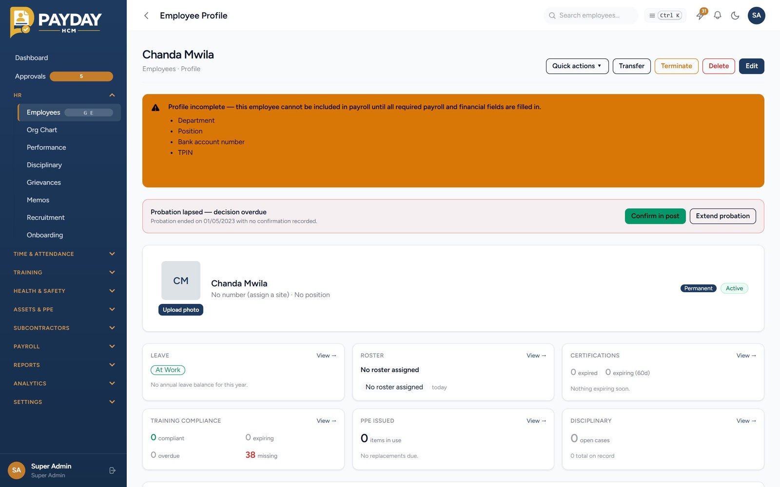 Payday employee profile showing contract details, documents, and certification expiry dates.