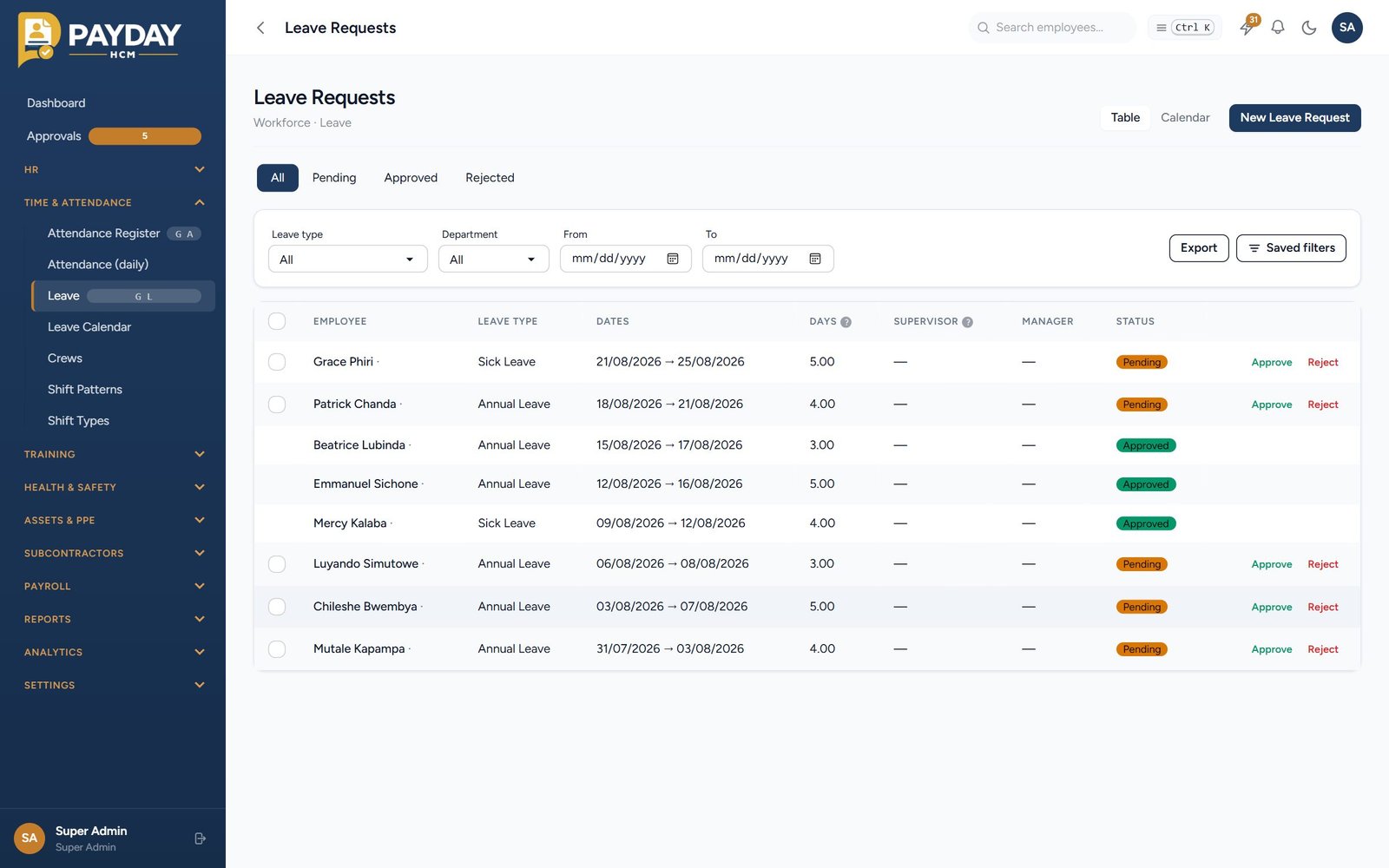 Payday leave management screen showing statutory leave balances and pending requests.